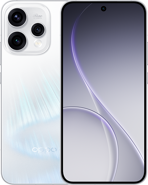 OPPO Reno 15 in white, official front and back with the triple camera island