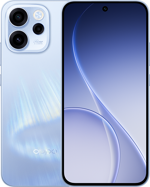 OPPO Reno 15F in blue, official front and back with the triple camera island