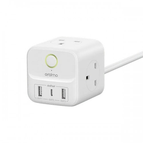Oraimo PowerHub 2 6-in-1 cube extension showing 4 AC outlets and dual USB charging ports