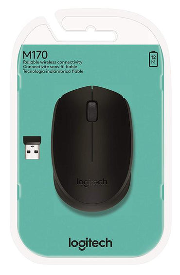 Packaged Logitech M170 wireless mouse in black color displayed on a teal background with the product details and USB receiver visible.