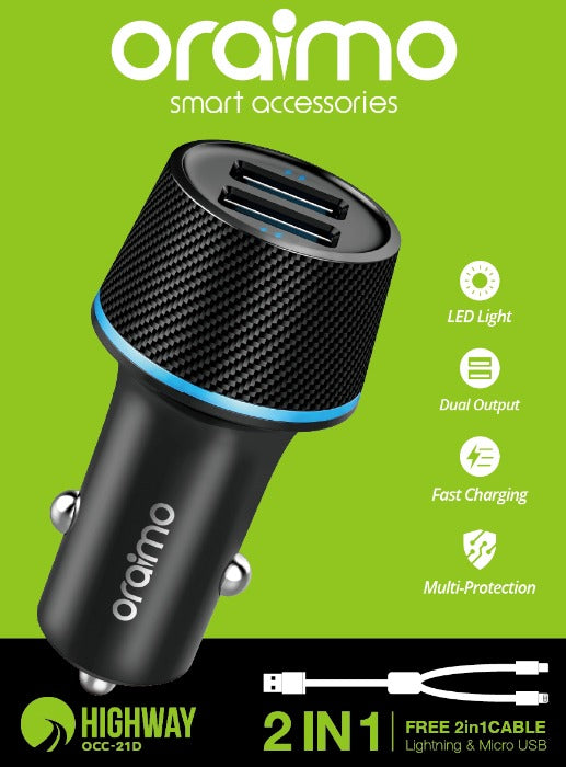 Oraimo OCC-21DML Highway Car Charger With 2-In-1 Lightning & Micro USB Cable in Kenya | Zentech