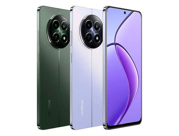 An image showcasing three Realme 12 smartphones in different colors (green, blue, and purple) with a prominent rear camera setup.