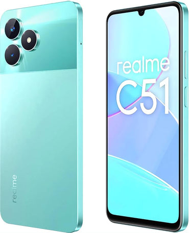 Realme C51 smartphone in Mint Green color showing the front screen display and dual rear cameras.