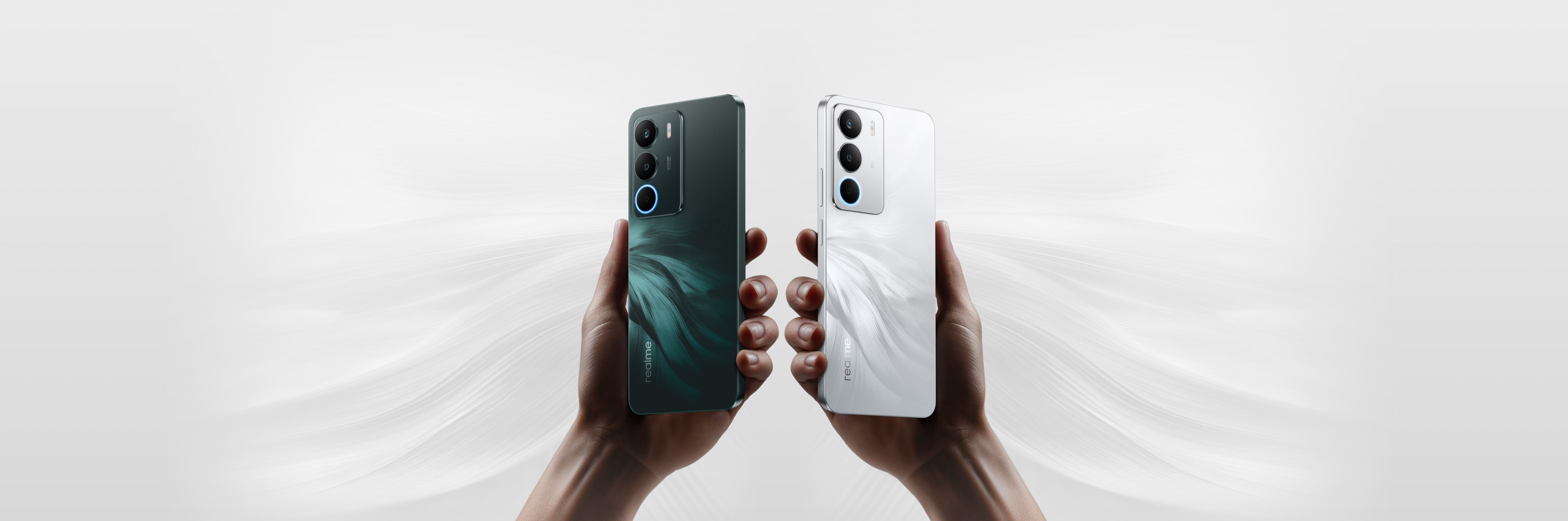 Realme C71 official launch shot: White Swan and Forest Owl phones in hand