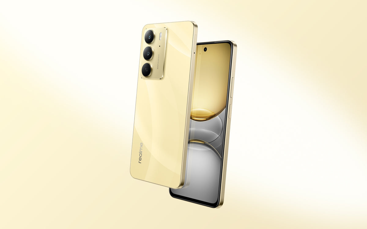 Realme C75 Lightning Gold front and back, showing the 6.72-inch screen and 50MP camera