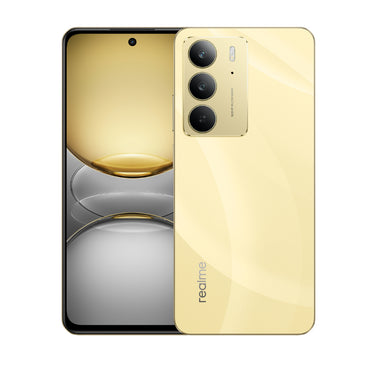 Realme C75 in Lightning Gold, front and back view on a white background
