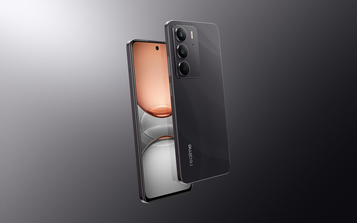 Realme C75 Storm Black front and back with the triple-look camera island