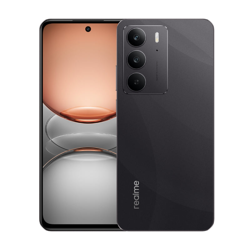 Realme C75 in Storm Black, front and back view with the 50MP camera module