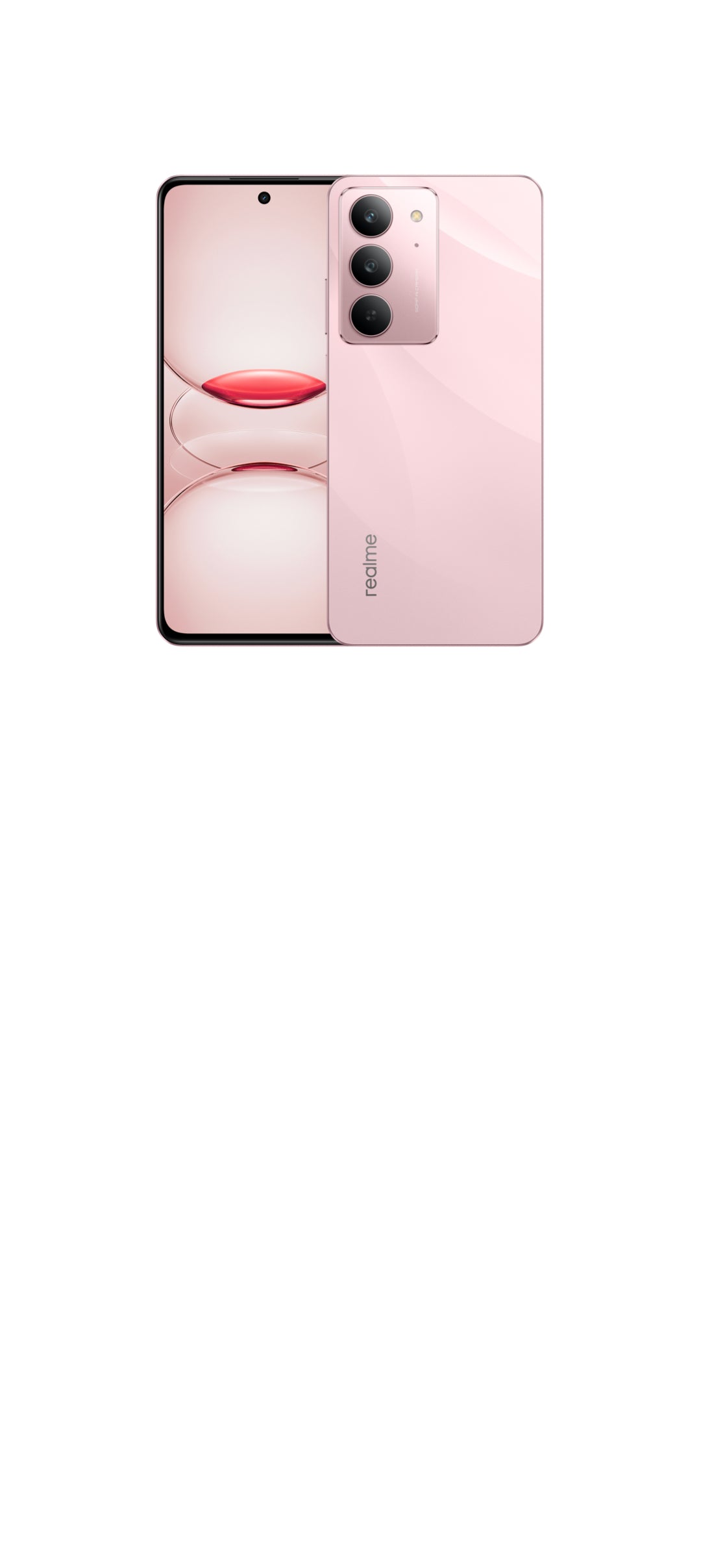 Realme C75X Coral Pink front and back with the triple-look camera island