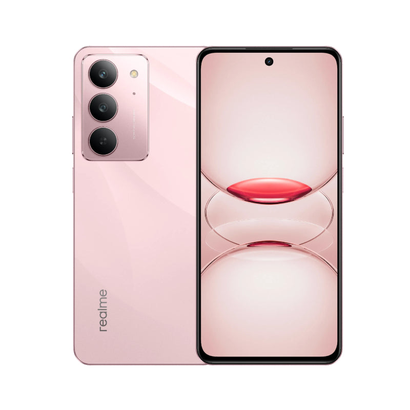 Realme C75X in Coral Pink, front and back view on a white background
