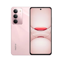 Realme C75X in Coral Pink, front and back view on a white background