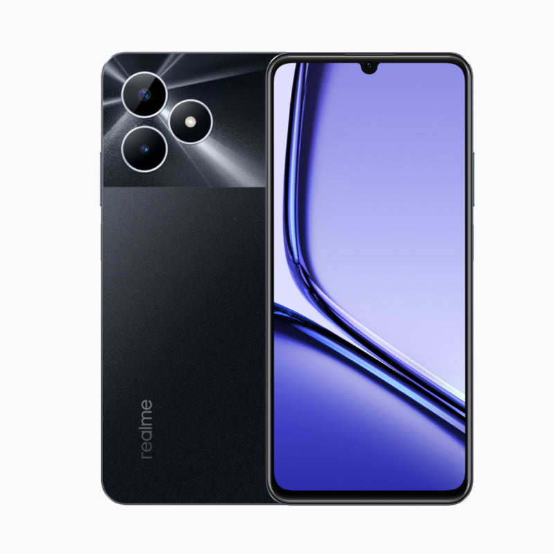 Realme Note 50 smartphone in black color showing the front screen display blue color and dual rear cameras.