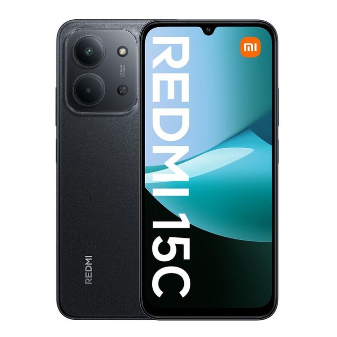Redmi 15C in midnight black, front and back view with REDMI 15C on the screen