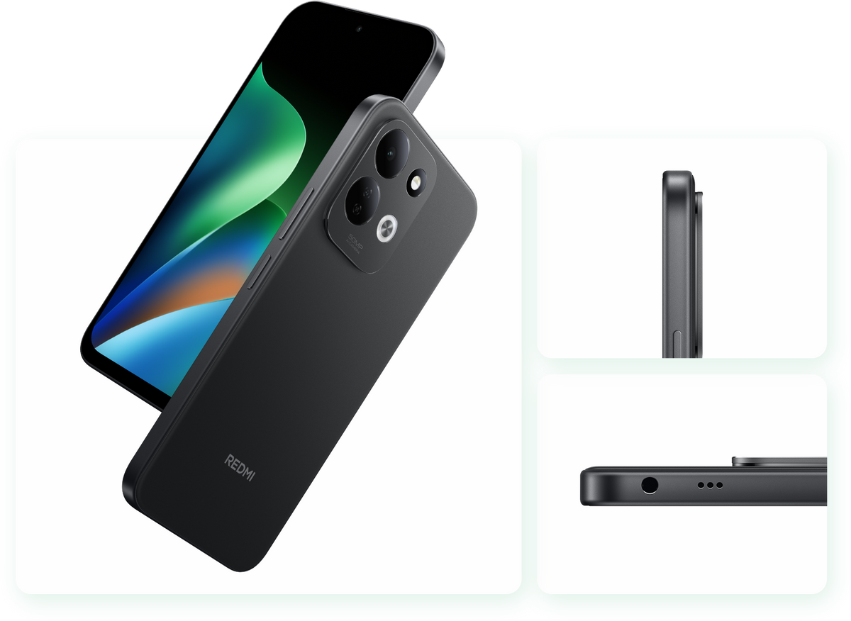 Redmi 17 in black, back and side views showing the camera island and ports