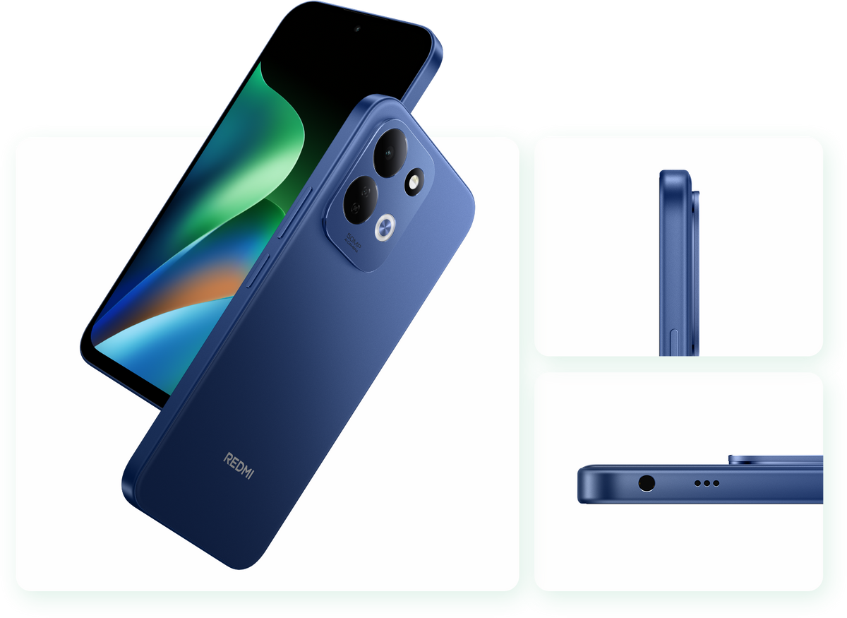 Redmi 17 in deep blue, back and side views with the 50MP camera and headphone jack