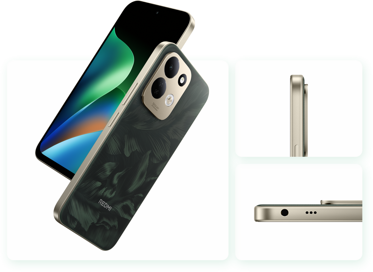 Redmi 17 in oak green with a leaf pattern, back and side views