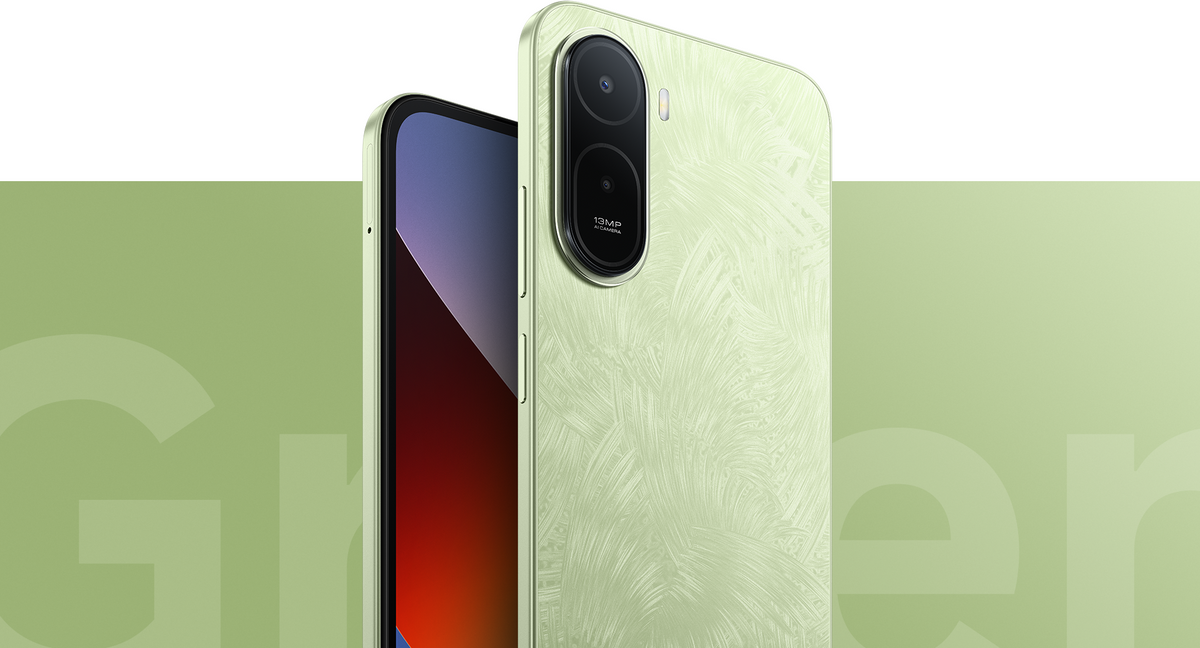 Redmi A7 Pro in palm green, front and back with the textured rear and camera ring