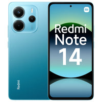 A Redmi Note 14 smartphone in blue color, showing the front with the display on and the back with the triple-camera setup.