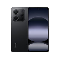 Redmi Note 14 in midnight black, back camera island and front screen on a white background
