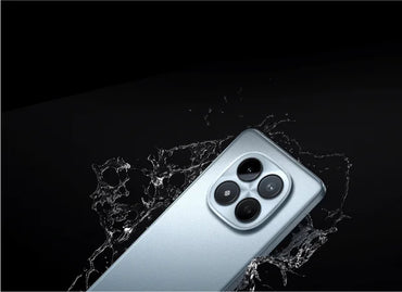 Redmi Note 15 Pro light blue back with water splash around the camera island