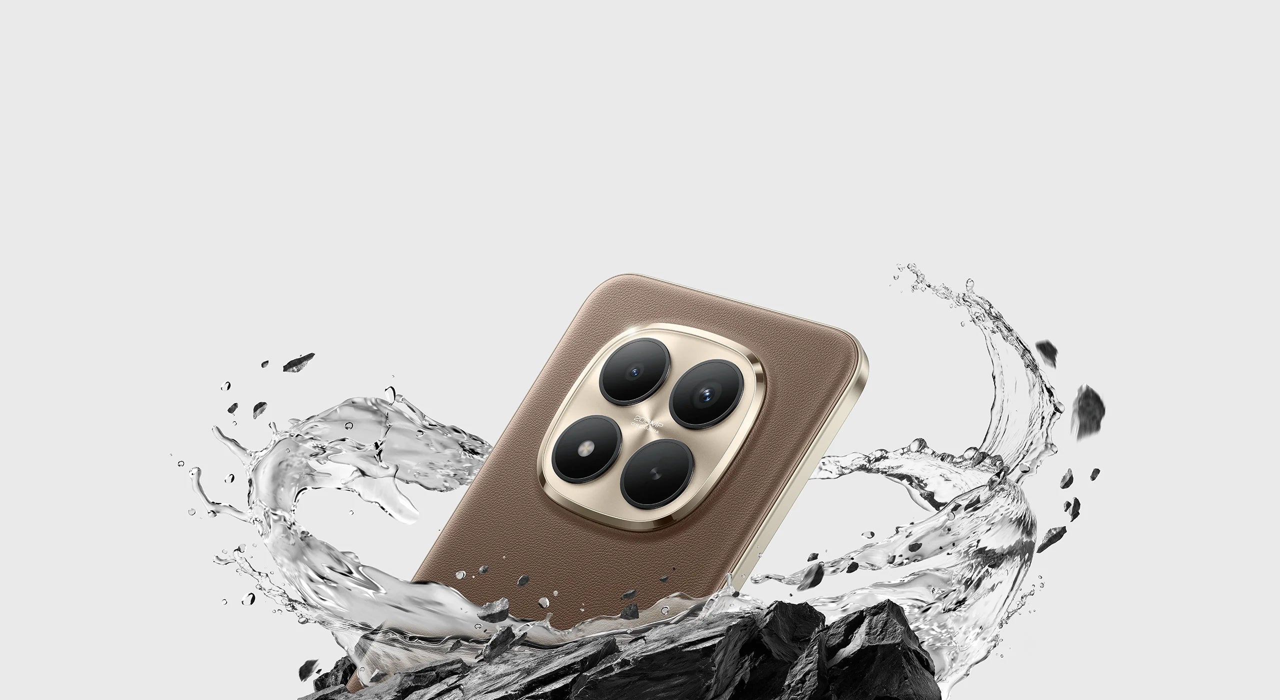 Redmi Note 15 Pro+ leather-brown back in water, gold 200MP camera island