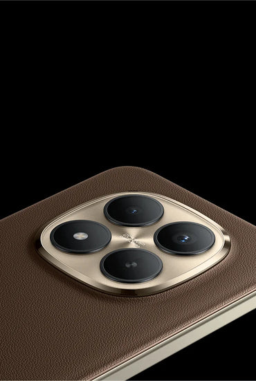 Redmi Note 15 Pro+ gold camera island on the brown leather-like back