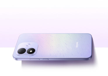 Redmi Note 17 purple back at an angle, dual-lens camera and REDMI logo