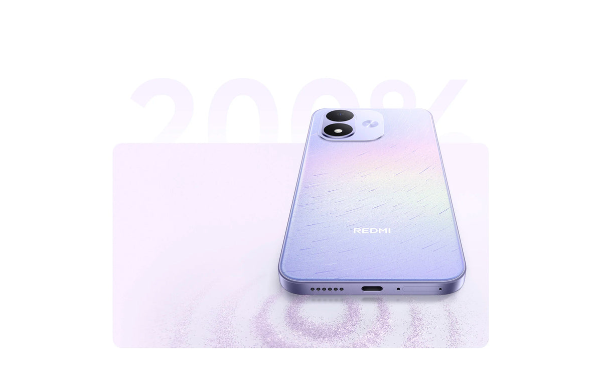 Redmi Note 17 upright purple back with the USB-C port and speaker grille