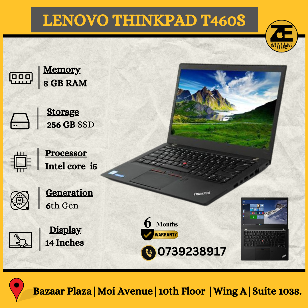 Advert of Refurbished LenovoT460s  Intel i5-6th Gen 8GB RAM+ 256GB SSD 14" Display (Touch and Non-Touch) photographed on a clean desk showing the slim profile