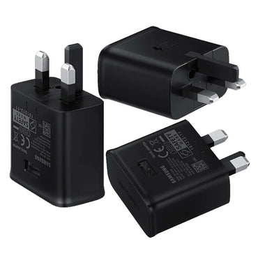 Samsung 15W USB adapter with UK plug, shown from multiple angles, in black color.