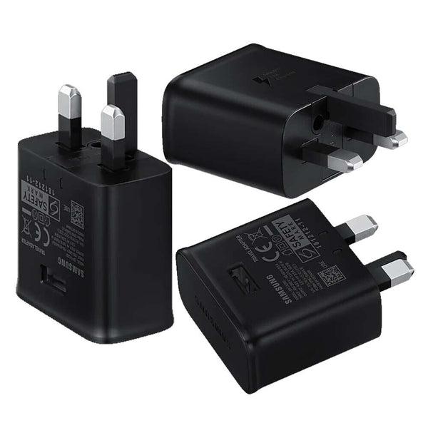 Samsung 15W USB adapter with UK plug, shown from multiple angles, in black color.
