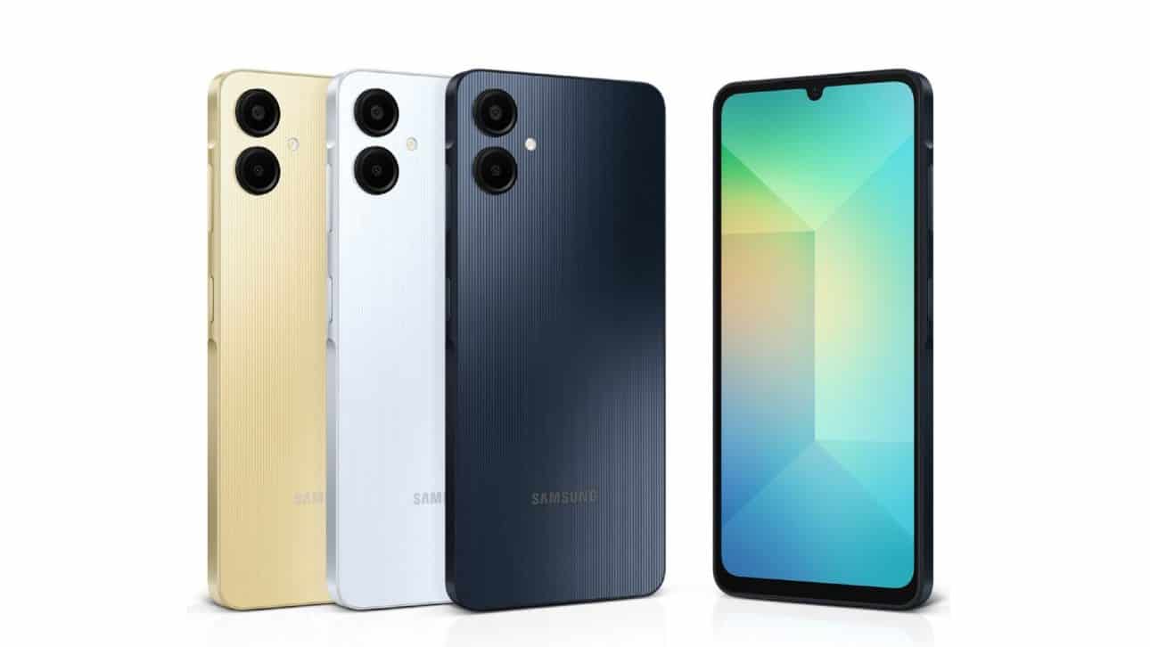 Samsung Galaxy A06 smartphones in black, gold, and silver colors, showcasing the front and back with the display on.