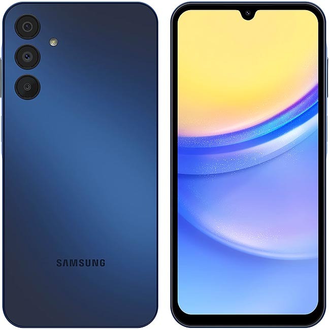 Samsung Galaxy A15 smartphone in blue color, showing both front and back sides with camera modules visible.
