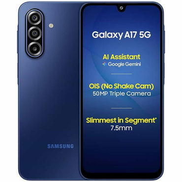 Samsung Galaxy A17 in dark blue, back and front, with Galaxy A17 5G marketing text on the screen
