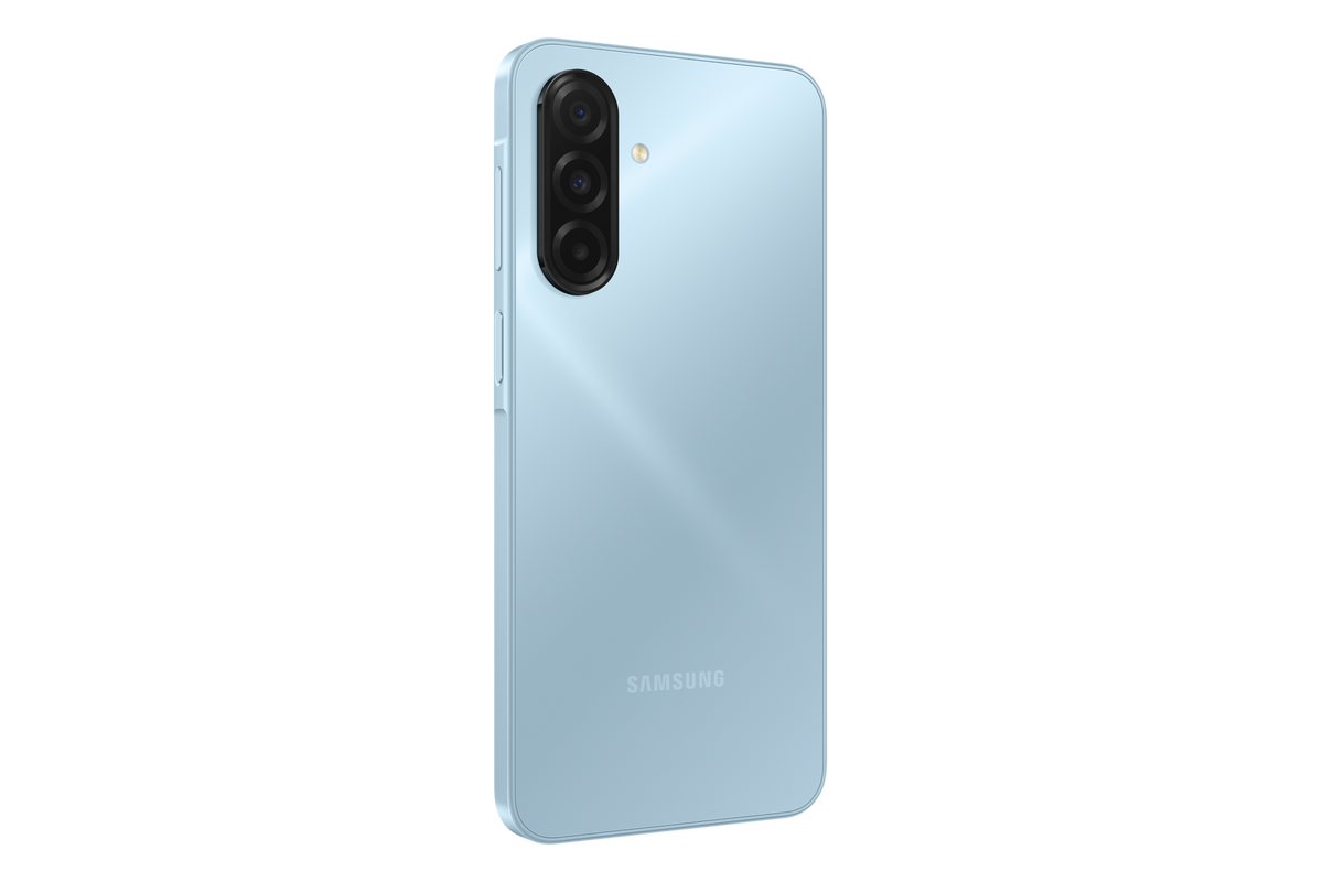 Samsung Galaxy A17 Light Blue angled back view of the camera module and Samsung logo