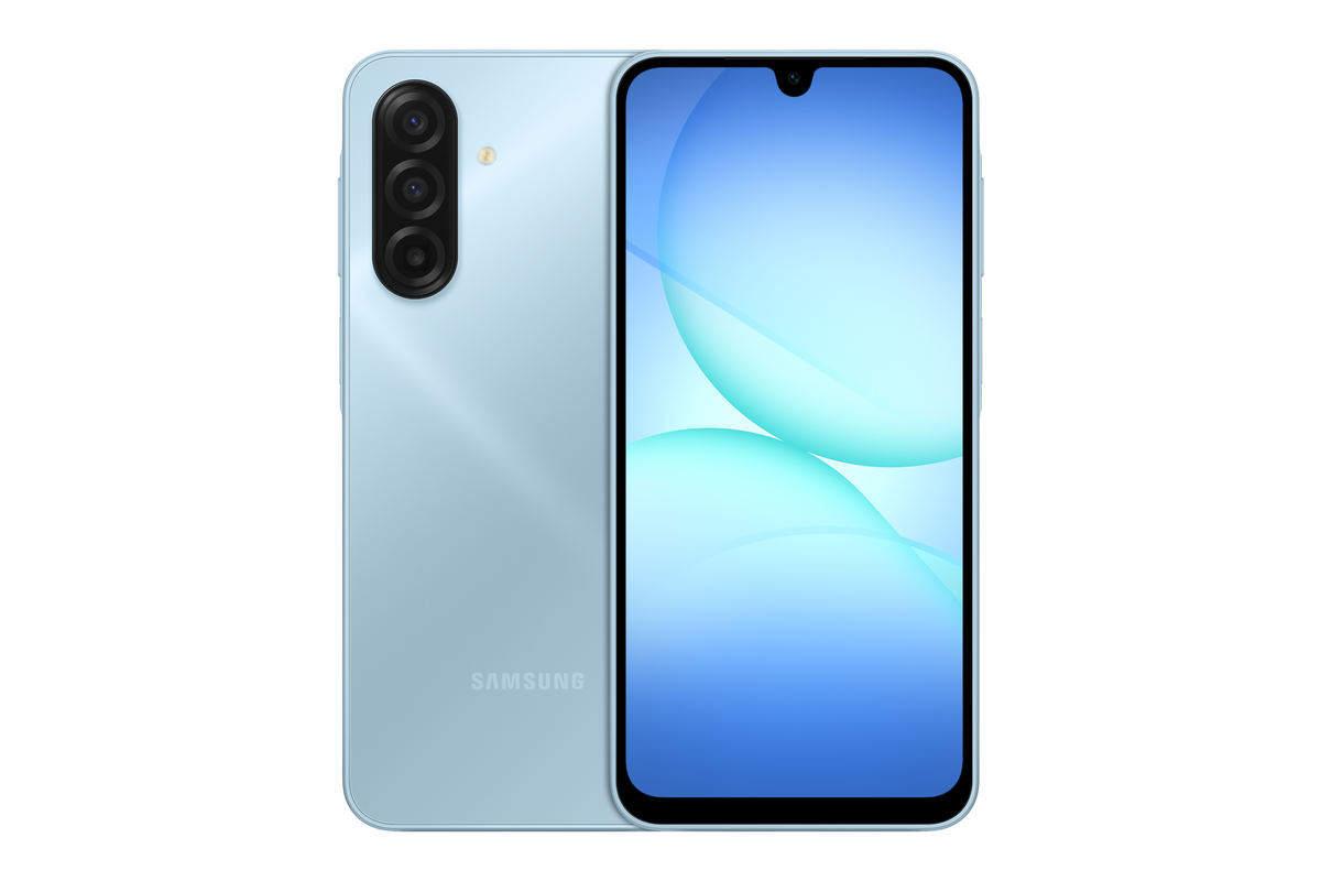Samsung Galaxy A17 in Light Blue, official front and back view with the triple camera