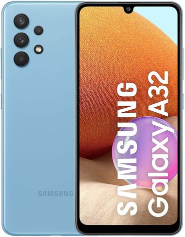 Samsung Galaxy A32 smartphone in blue color showing the front display and rear camera setup.