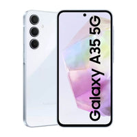Samsung Galaxy A35 smartphone in white color showing the front screen display and rear camera setup.