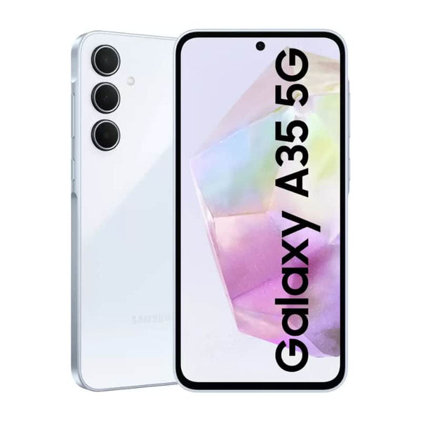 Samsung Galaxy A35 smartphone in white color showing the front screen display and rear camera setup.
