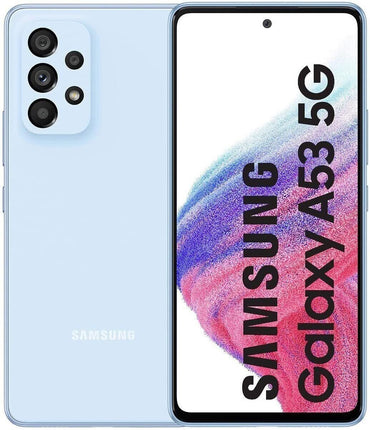 Samsung Galaxy A53 5G smartphone in blue color showing the front with the display on and the back with the quad-camera system.