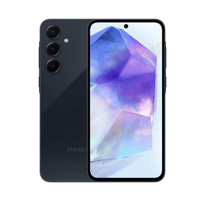 Samsung Galaxy A55 5G smartphone in black color showing the front screen display and rear camera setup.