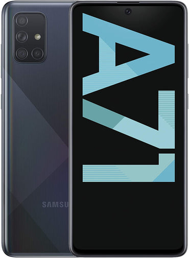 Samsung Galaxy A71 smartphone in black color showing the front screen display and rear camera setup.