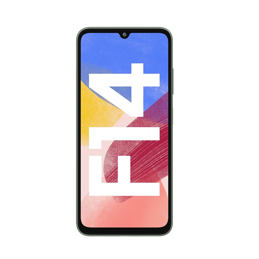 Samsung Galaxy F14 smartphone displayed vertically with a colorful graphic on the screen, showcasing its design and screen display.