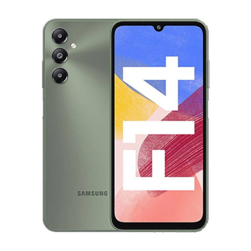 Samsung Galaxy F14 smartphone in green color showing the rear camera setup and the 'F14' model branding.