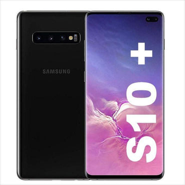 Samsung Galaxy S10 Plus smartphone showing front screen display and dual selfie camera on the top within a black casing.