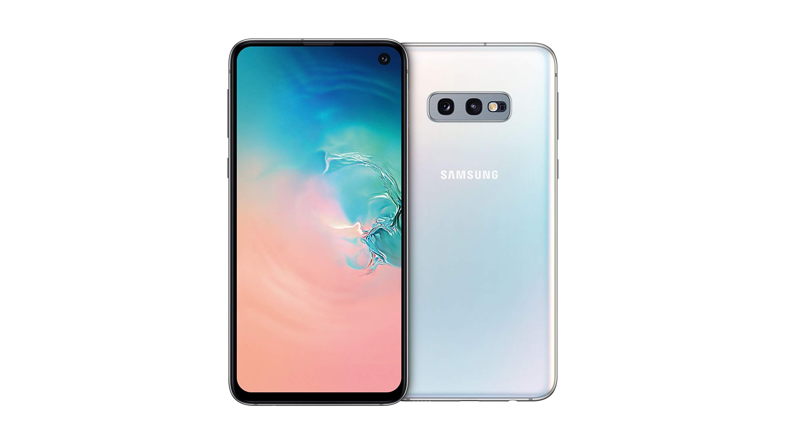 Samsung Galaxy S10e smartphone in white color, showing both front and back sides with dual cameras visible on the back.