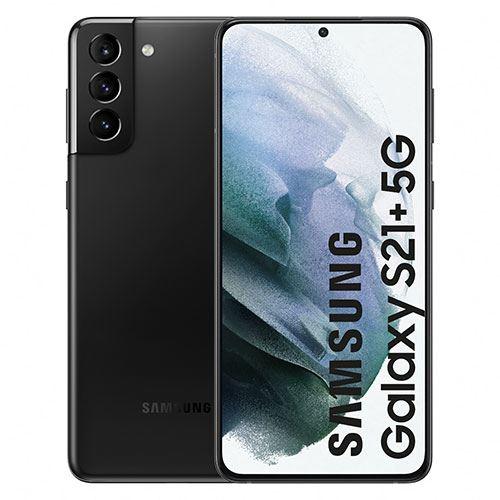 Samsung Galaxy S21+ smartphone in black color showing the front screen display and rear camera setup.