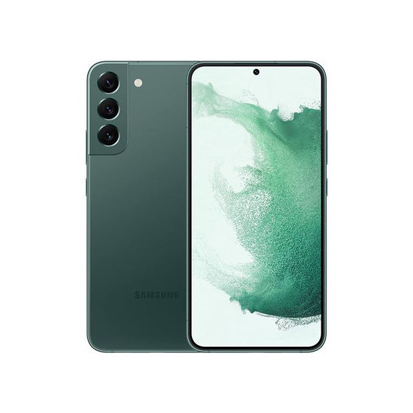 Samsung Galaxy S22 Plus smartphone in green color, showing the front screen display and rear camera setup.