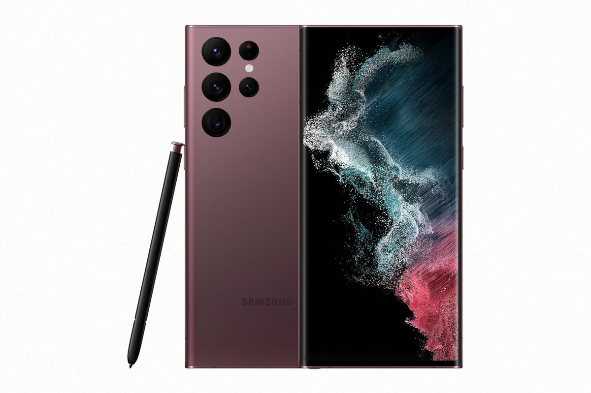 Samsung Galaxy S22 Ultra in Burgundy, front and back with the built-in S Pen