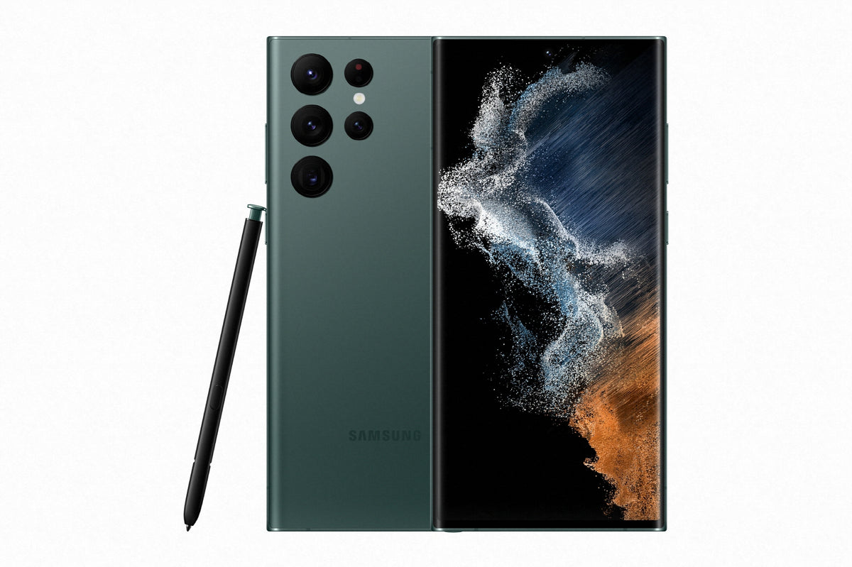 Samsung Galaxy S22 Ultra in Green, front and back with the S Pen beside the camera deck